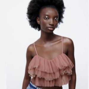 NWOT, Zara Ruffled Pleated Tulle Crop Top, Pink/Rose, Sz S